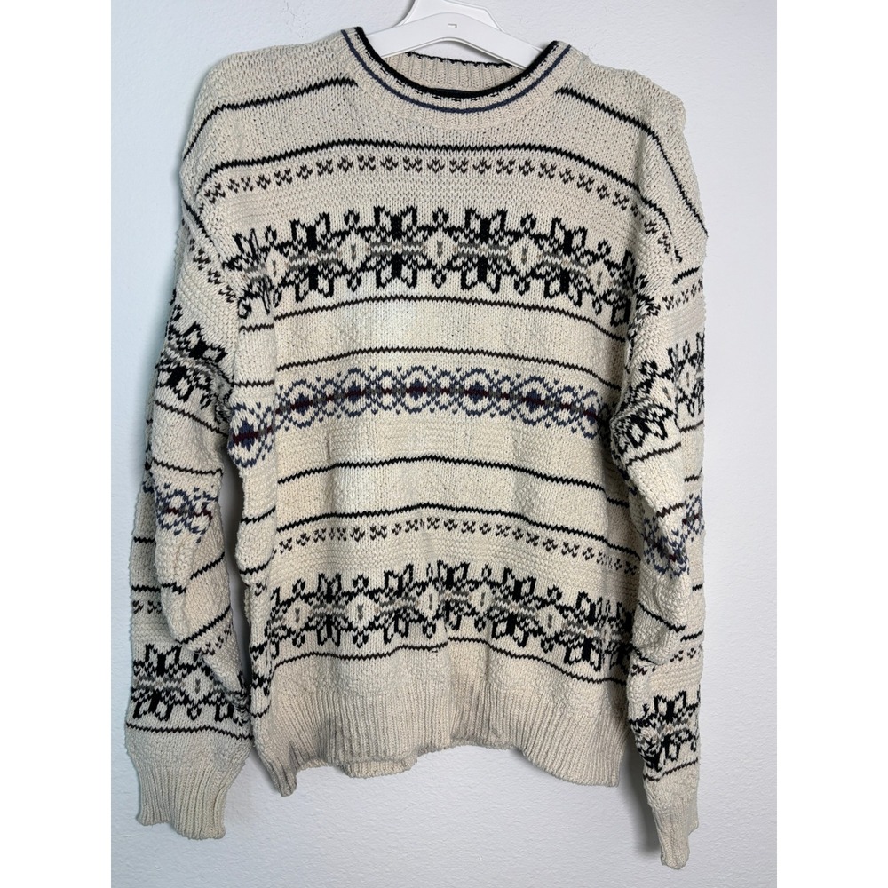 Isle of Cotton Mens XL Fair Isle Crewneck Sweater Cream Black Made‎ in USA VTG